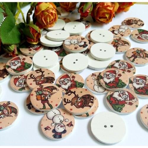 50pcs/pack Christmas series Wood Decorative Button Scrapbooking Round At Random 2 Holes Pattern 25mm DIY Handmade Accessories