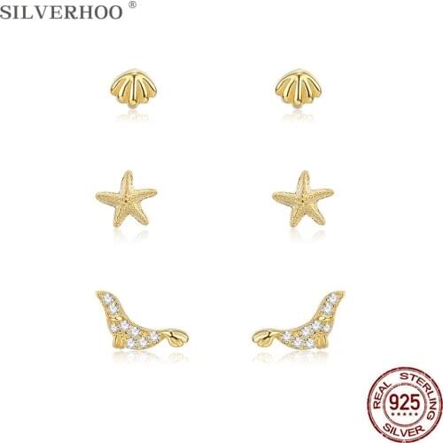 SILVERHOO 100% 925 Sterling Silver Ocean Shell Seal And Sea Star Earrings For Women Luxury Gold Color Tiny Stud Earring Jewelry