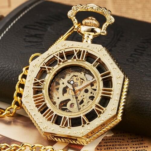 Hexagonal Mechanical Pocket Watch Golden Sliver Bronze Hollow Fob Chain with Box Men and Women Lady Watches Mens Vintage Gifts