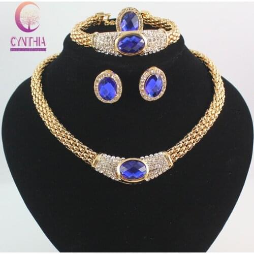 Wedding African Beads Jewelry Set Crystal Costume Gold color Rhinestone Statement Chunky Necklace Earring Ring Jewelry Set