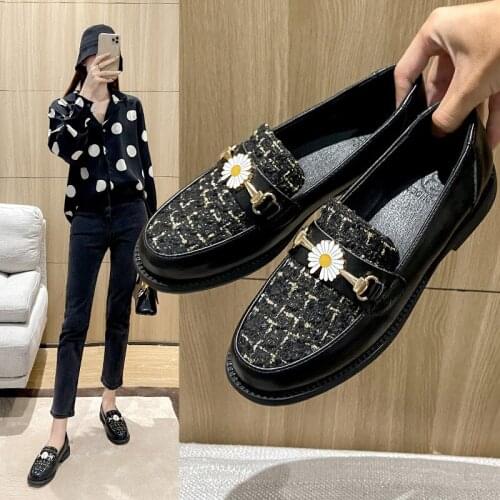 35-43 Big Size plaid oxford shoes for woman british brogue daisy flower loafers metal buckle creepers round toe flats women 2021
