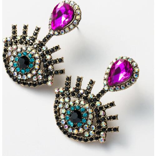 Vintage Antiqued Gold Color Blue Eye Shaped Hollow Pendant Colorful Crystal Rhinestone Drop Earrings for Women Men Jewelry