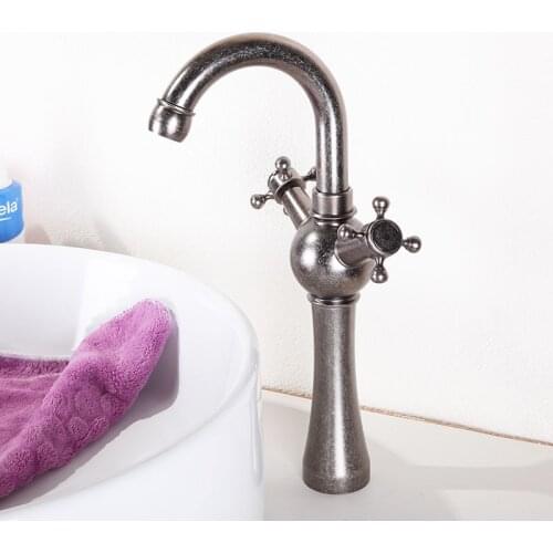 Tall Brass Antique Silver Bathroom Faucet Lavatory Sink Basin faucet Mixer Tap Cold Hot Water tap Double Handle Swivel Spout