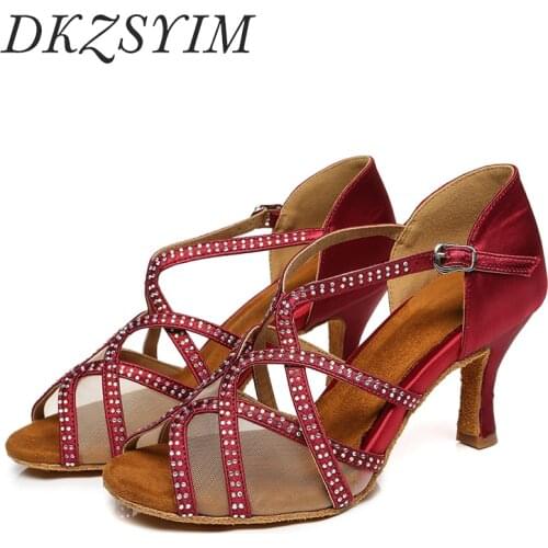 DKZSYIM Red Latin Dance Shoes Women Rhinestone+net Ladies Party Dance Shoes Satin Ballroom Salsa/Tango Dancing Sandals High Heel