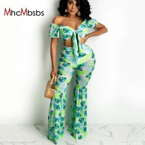 Two Piece Set Women Printed Bandage Off Shoulder Sexy Corset Top+Wide Leg Flare Pants Suits 2021Summer Fashion Tracksuit Outfits
