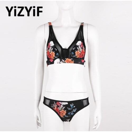 Womens Swim Suit Floral Printed Sexy Swimsuit Swimwear Set Padded Push Up Bra Top With Low Rise Bikini Briefs Bathing Suit Set
