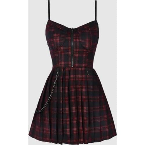 Streetwear Womens Punk Goth Dress 2021 Gothic Harajuku Red Plaid Sexy Slip Mini Dress Summer Bodycon Party Dresses for New Year