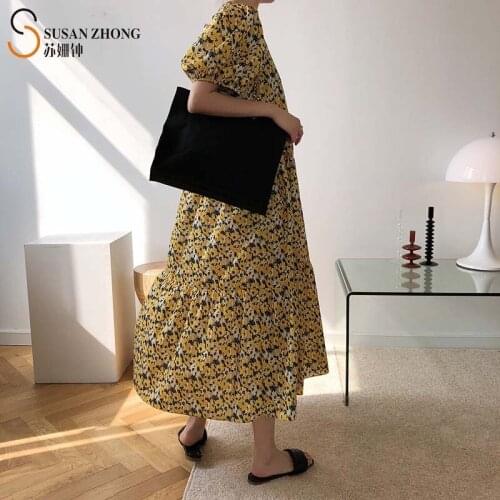 Women Summer Dress Short Sleeve Lantern Female One-Piece Flower Print Bohemia Beach Chiffon Ankle Length Long V-Neck Shirring