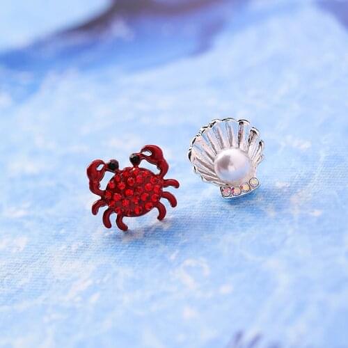1 Pair Cute Mini Crab Shell Sea Star Stud Earrings Colorful Rhinestone Metal Dolphin Dangler Women Girls Kawaii Earrings Jewelry