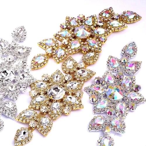 1pcs 14X6.5cm Crystal AB Sew On Rhinestones Applique Gold / Silver Bottom Flatback Clear Sewing Wedding Beautiful Design Y2504
