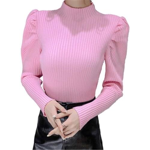 2021 Vintage Puff Long Sleeve Turtleneck Knitted Winter Soft Thick Sweater Pullovers Girls Solid Stretchy Streetwear Tops Women