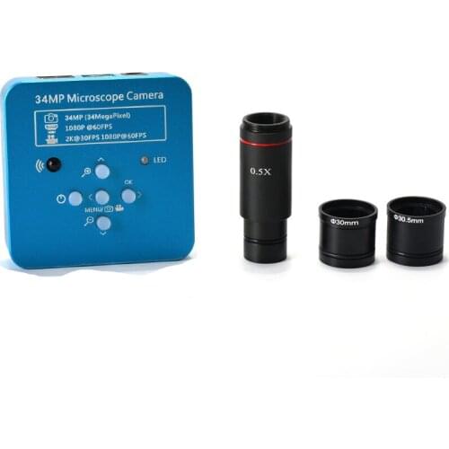 2K 34MP 1080P 60FPS HDMI USB Electronic Industrial Microscope Camera 0.5X Eyepiece Adapter 30mm/30.5m Ring for Phone PCB Repair