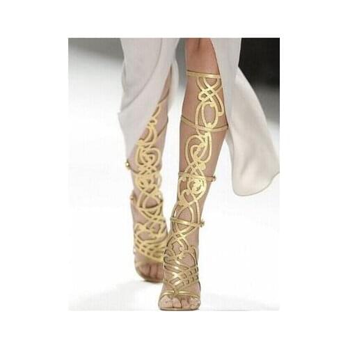 Summer fashion woman gold leather gladiator roman high heel sandal knee high hollow style belt buckle knee high sandal woman