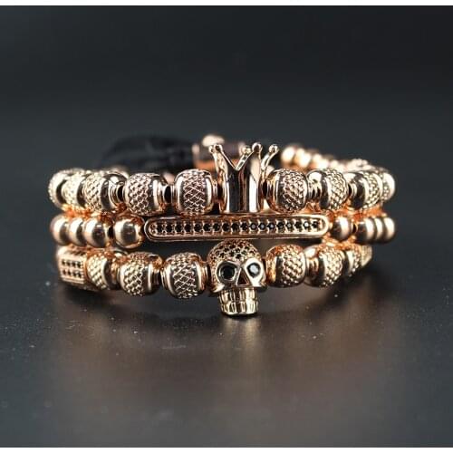 Luxury Royal copper Crown Skull Charm Bracelet rose gold Bracelets set For Women Beads Pulseras Hombre Moda Masculina Adjustable