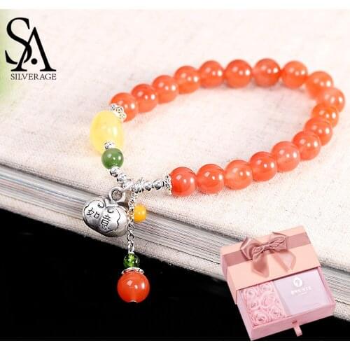 SA SILVERAGE DIY Womens Red Agate Bracelet Send Your Girlfriends and Parents S925 Silver Jewelry Fashion Trend