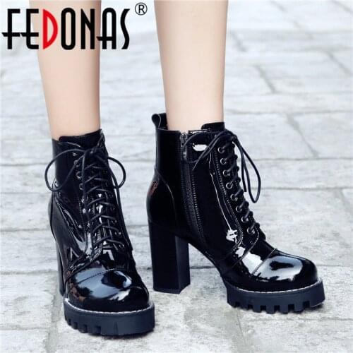 FEDONAS Autumn Winter Quality Cow Patent Leather Women Ankle Boots Night Club Shoes Woman Zipper Cross Tied Punk Short Boots