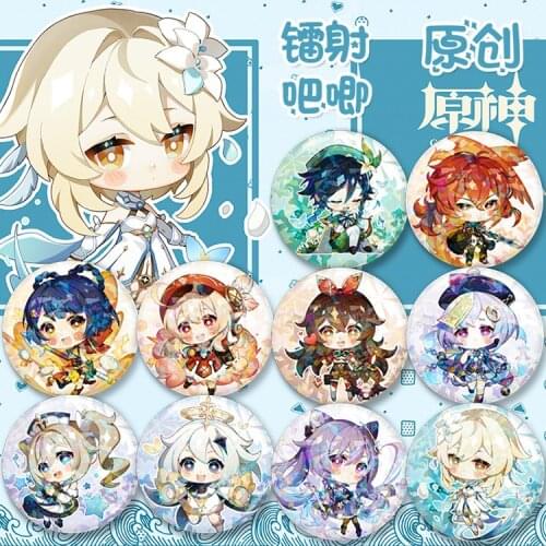 Game Genshin Impact Badge Chibi Laser Brooch Zhongli Hutao Tartaglia Pin Personalized Emblem Clothing Backpack Decoration Gifts