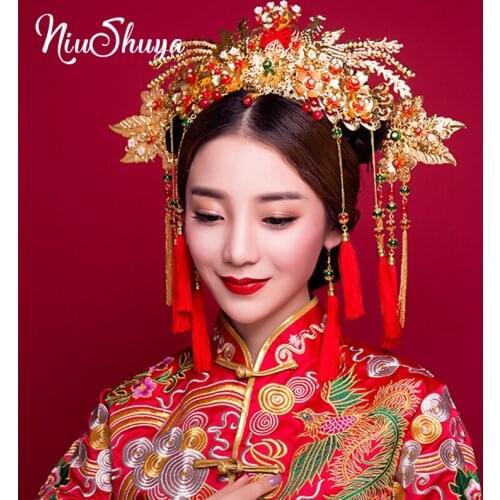 NiuShuya Chinese Red Tassel Phoenix Beads Pearl Hair Accessories Wedding Party Costume Hair Jewelry Hairwear