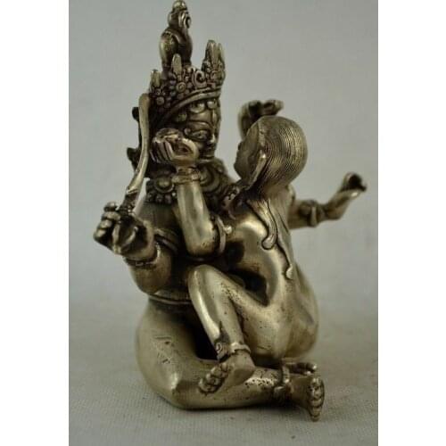 Collectible Decorated Old Handwork Tibet Silver Carved Buddha Make Love Buddha