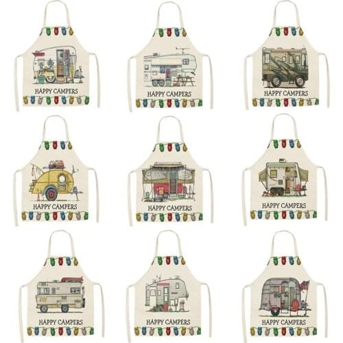 1Pcs Kitchen Apron Sketch Campers Car Printed Sleeveless Cotton Linen Aprons for Men Women Home Cleaning Tools