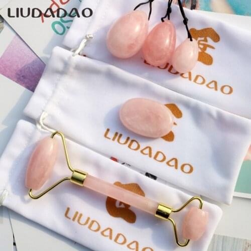 Crystal 3Pcs/Set Kegel Exercise Ben Wa Ball Massager Rose Quartz Facial Rollers Massage Set Skin Care Tools Worry Palm Stone