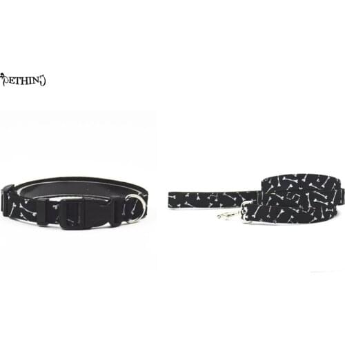 New dseign Nylon dog collar leash Bone pattern Black color pet collar lead S L choice easy fit small medium- size dog
