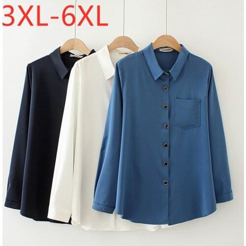 New 2021 Ladies Spring Autumn Plus Size Top For Women Large Long Sleeve Casual Blue White Satin Pocket Shirt 3XL 4XL 5XL 6XL