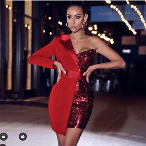 High Quality New Fashion Sexy One Shoulder Full Sleeve Red Gold Black Silver Sequin Crepe Tixedo Blazer Dress Vintage Shinny Par