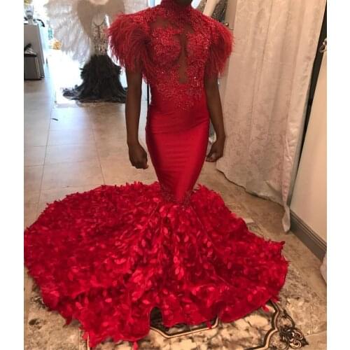 Red Mermaid Prom Dresses 2019 Unique High Neck Beads See Through Leaves Floor Length Formal Dresses Evening Wear DP0445