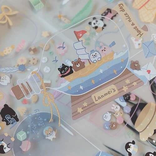 Lovely Cats' Bottle PET Tape for Card Making Bullet Journal DIY Scrapbooking Clear Sticker