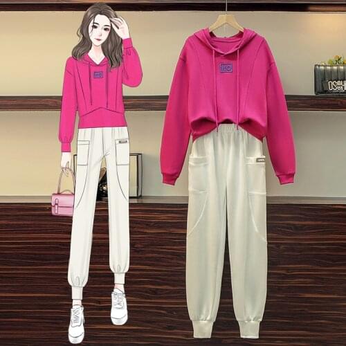 Sports suit womens plus size spring and autumn new style Korean loose casual sweater pocket high waist pants two-piece suit