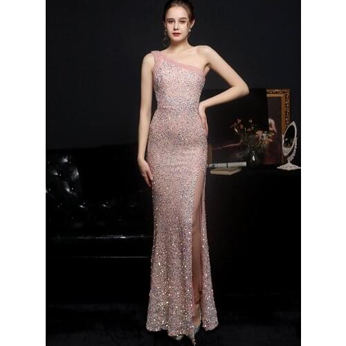YIDINGZS Women Beads Party Maxi Dress Elegant One Shoulder Slit Pink Sequin Prom Dress 2021