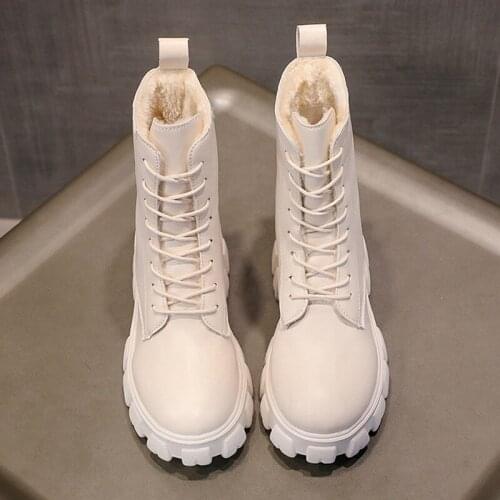 Chunky Platform Ankle Boots for Women 2021 Autumn Winter Warm Plush Pu Leather Thick Sole Lace Up Shoes Woman