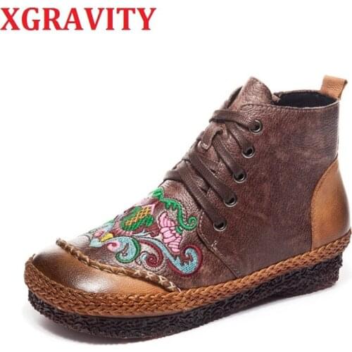 XGRAVITY New Ladies Hand-made Genuine Leather Boots Fashion Ethnic Lady Boots Flat Shoes Women Embroidery Fashion Shoes S143