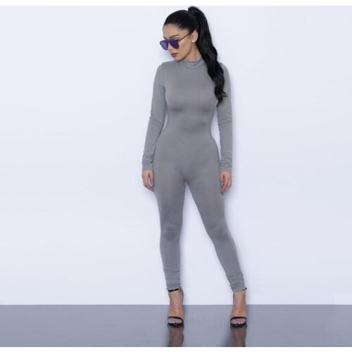 New Hot Casual Women One Piece Jumpsuits Long Sleeve turtleneck Bodycon Back Zipper Long Pants Sexy Outfits Grey Rompers