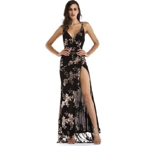 Ladies Sexy Lace Dress Spaghetti Strap Sequin Party Club Dress Women Backless High Split Women Long Evening Maxi Dress Vestidos