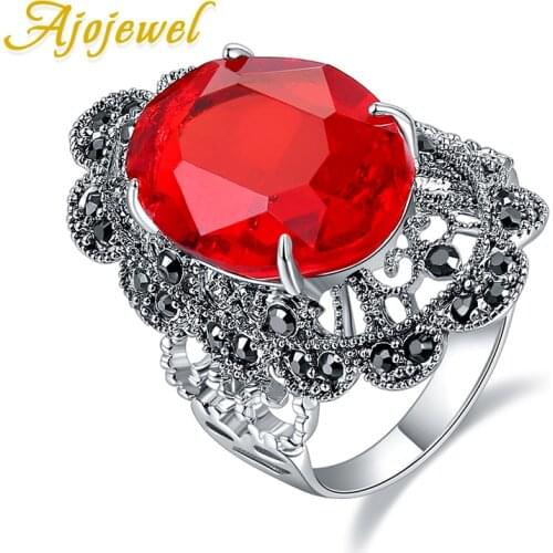Ajojewel Beautiful Vintage Jewelry Shining Big Oval Red Crystal Rings For Women Black CZ Flower Ring Finger Anel