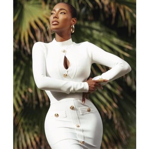 Women Spring Sexy Long Sleeve Key Hole Button White Mini Bodycon Bandage Dress 2021 Elegant Evening Party Dress Vestidos