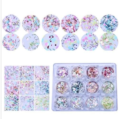 12Pcs Holographic Nail Glitter Sequins Strip Square Round Mix Shape Nail Art Flakes Sparkle Glitter Decals For Manicure UV Gel