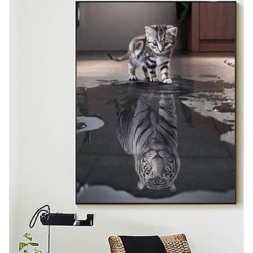 5D Diamond Painting Cat Reflection Tiger Cross Stitch Diy Diamond embroidery Animal Mosaic Rhinestone Picture Home Decor Sale
