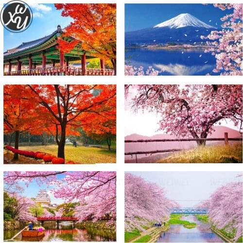 5D Diamond Painting Cherry Blossom Cross Stitch Landscape Diamond Mosaic Kit Mountain Diamond Painting Full Drill for Home Decor
