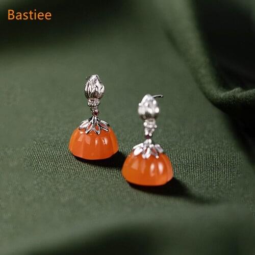 Bastiee Silver 925 Jewelry 925 Sterling Silver Earrings Dangle Earrings Vintage Korean Earrings Golden Plated Red Agate