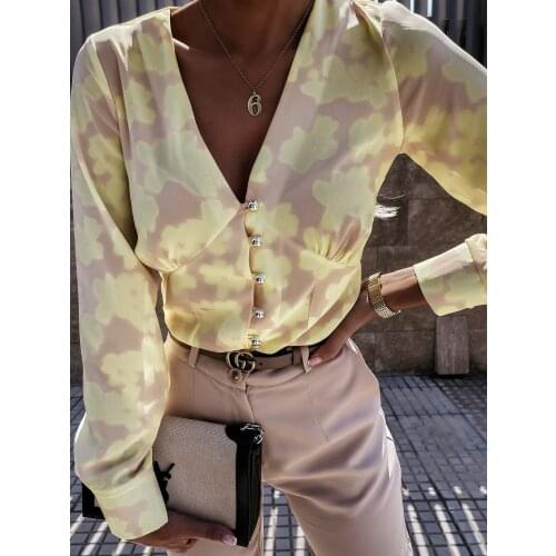 2021 Summer V-Neck Casual Blouse Office Lady Cotton Single-Breasted Floral Print Long Sleeve Shirt Womens Casual Elegant Blouses