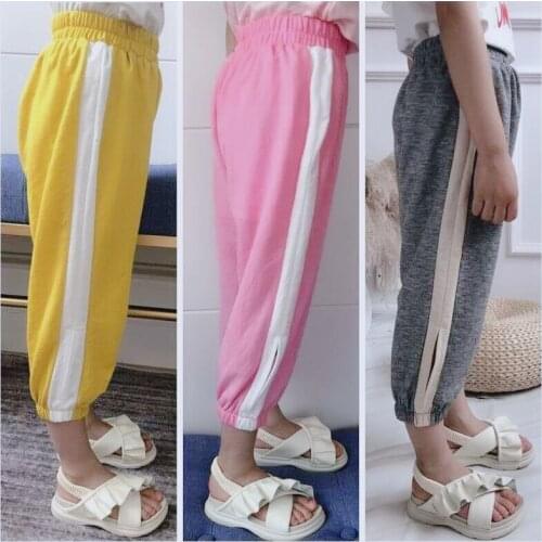 Kids Girl Summer Thin Pants Side Stripes Calf-Length Joggers Children Girl Summer Pants Sports Trousers Pink Yellow Gray