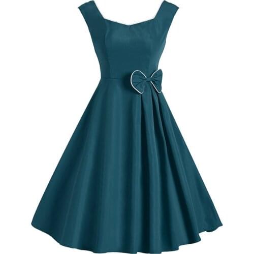 Elegant Summer Women Vintage Dress Sexy Pleated Fashion Bow A Line Solid Black Red Sleeveless 50s Audrey Hepburn Party Dresses