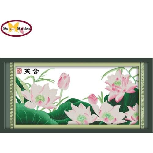 GG Lotus with Smile Cross Stitch Embroidery Needlework Kits Chinese 11CT 14CT Fabric Print Cross Stitch Pattern for Wall Decor