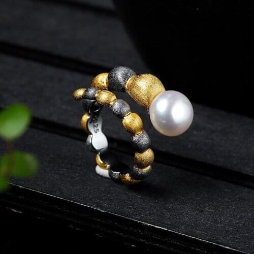 Retro Thai Silver Pearl Ring Double Color Ring S925 Sterling Silver Female Silver Jewelry Factory Wholesale Open Ended Ring