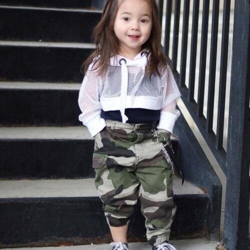 Baby Girl 3PCS Clothing Sets White Fishnet Mesh Hooded Top + Black Camis Vest Camouflage Pants Trousers 1-6T Kids Outfits