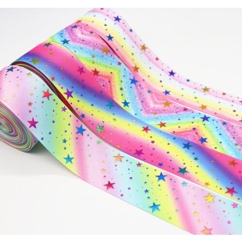 5 Yards 1.5" 38MM Shiny Rainbow Gold Star Printed Grosgrain Ribbon For Hair Bows DIY Crafts Handmade Accessories M19090201
