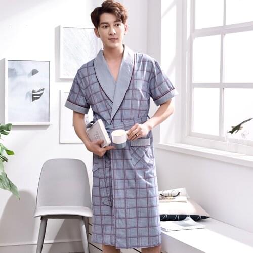 Summer Plaid Print Robe Short Sleeve Plus Size 3XL Cotton Bathrobe Male V-neck Sexy Dressing Gown Mens Homewear Spas Bath Robe